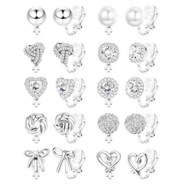 Imagem de Florideco Brincos de pressão para mulheres, banhado a ouro 14 K, zircônia cúbica, clipe no pino, não perfurado, nó torcido simulado pérola coração conjunto de brincos, Metal, Zircônia cúbica