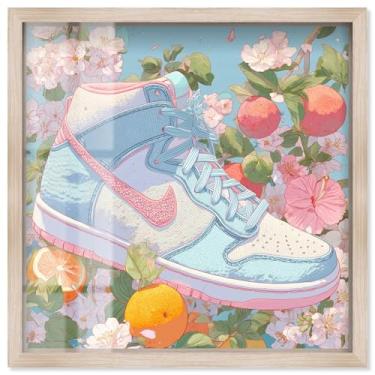 Imagem de Tênis Lost Floral and Fruits II Shadowbox Print Pink Fashion Art by Art Remedy, moldura loira, 50 x 50 cm