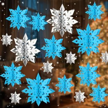 Imagem de Decorações de Natal para pendurar floco de neve, 24 peças de flocos de neve de papel prata azul 3D, enfeite de guirlanda de flocos de neve para teto, Natal, inverno, ano novo, feriado, aniversário