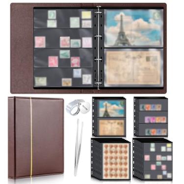 Imagem de Lewtemi Stamp Collecting Albums Set Stamp Collection Book Include 20 Pages Album Binder Tweezer and Loop Magnifier Collecting Supplies for Collectors(Brown,1/2/3/4 Rows)