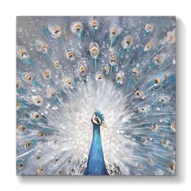 Imagem de Arte de parede em tela Peacock Spreading Its Tail - Decoração abstrata de penas de pavão azul para quarto, sala de estar, escritório, pintura moderna, impressão sem moldura de 30 x 30 cm
