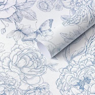 Imagem de Safiyya Papel de parede floral para contato azul e branco papel de parede peônia removível autoadesivo para quarto e banheiro 43 cm x 38 cm