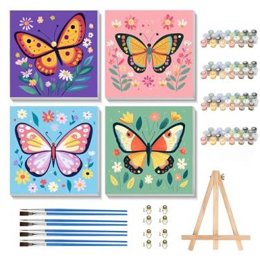 Imagem de Yunruily Pacote com 4 tintas por números com moldura, kit de pintura de borboleta por números para crianças, crianças de 4 a 8 anos com cavalete de madeira para presentes e decoração de casa, 20 x 20