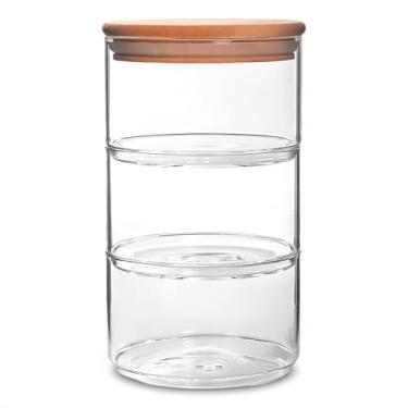 Imagem de Genérico Conjunto de 3 Potes de Vidro Empilháveis com Tampa de Bambu, Redondo, Hermético, Base Giratória 360°, 3 Litros, para Armazenamento de Cereais