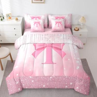 Imagem de Feelyou Conjunto de edredom infantil com laço rosa, tamanho solteiro, letra I personalizada, princesa, glitter, 7 peças, conjunto de cama para meninos e meninas, alfabeto e adolescentes, 7 peças