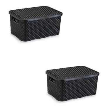 Imagem de Kit 2 Caixa Organizadora Rattan Médio  8 L Com Tampa Preto - Nitron