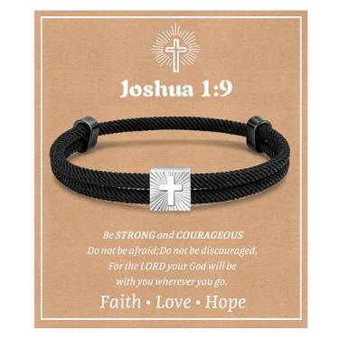 Imagem de MEALGUET Pulseira de cruz de presentes cristãos para meninos: pulseiras de cruz de fé de corda preta ajustável para homens, ideias de presente de joias religiosas para o batismo de Natal, meias para