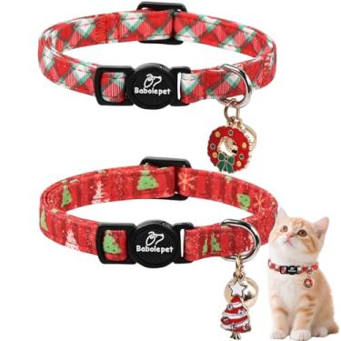 Imagem de Babole Pet Pacote com 2 coleiras de Natal para gatos – coleira separada para gatos com sino, guirlanda de Natal e pingente de árvore, coleiras ajustáveis de inverno para gatos, rosa e xadrez