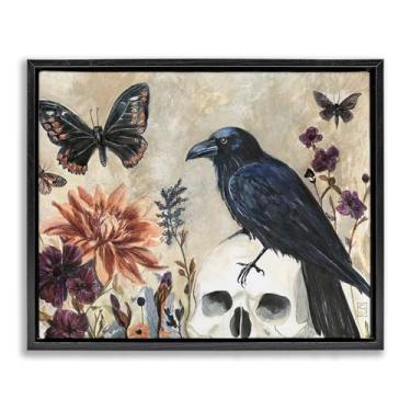 Imagem de Stupell Industries Arte de parede em tela flutuante dourada com corvo de Halloween com borboletas, design de Sara Culpepper, 43 x 53 cm