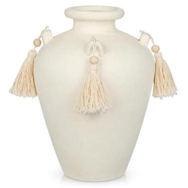 Imagem de Vaso de cerâmica branco grande de 24 cm para centros de mesa - Vaso rústico de fazenda com 4 orelhas e borlas, vasos de flores vintage de terracota para mesa, mesa, sala de estar, quarto, entrada