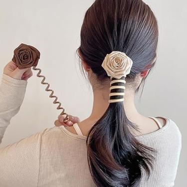 Imagem de 2 peças de faixas de cabelo feitas à mão para telefone, flores de rosas secas, bobinas elásticas, laços de rabo de cavalo, corda de cabelo fixo, espiral, café + branco