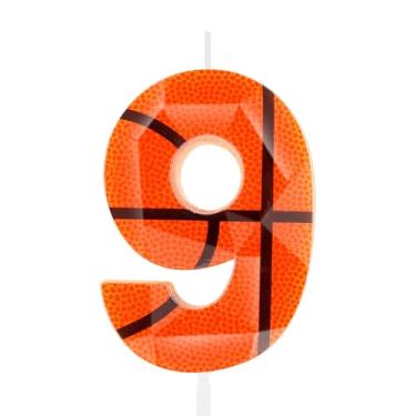 Imagem de Vela de basquete 3D número 9 velas de aniversário laranja 9º feliz aniversário cera premium e design de diamante 3D decoração de bolo temático de basquete para meninos meninas crianças festa de