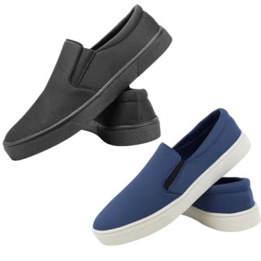 Imagem de Kit 2 Sapatênis Slip On Confortável Leve Versátil Tênis Estiloso Solado Macio Calce Fácil Prático Iate Masculino Feminino Casual Elástico Lateral (Preto + Azul, BR, Adulto, Numérico, 37)