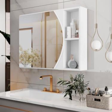 Imagem de Mobishop Armário de Banheiro com Espelho Arredondado, MDP/MDF, Branco Flex, 60x45x10 cm, Espelheira Suspensa com Nichos, Organizador de Parede, Design Moderno (Branco)