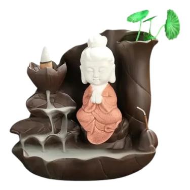 Imagem de Incensário Cascata Monge Buda Namaste Em Cerâmica Com Flor De Lótus E Efeito De Fumaça Zen 14 Cm