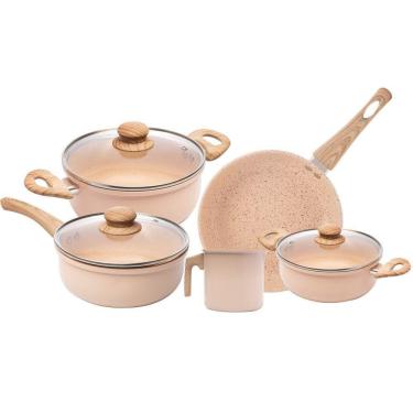 Imagem de Jogo De Panelas Indução Chef 5 Peças Bege Em Alumínio Com Revestimento Cerâmico Lyor