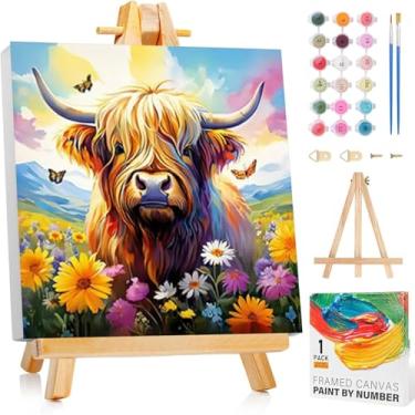 Imagem de Arttoplus Kit de pintura de vaca por números para crianças com moldura, pintura infantil fofa por números de 8 a 12 anos com cavalete de madeira, pintura a óleo de animais DIY fácil por número para