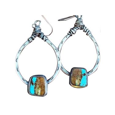 Imagem de ZIVEMOT Brincos de círculo turquesa vintage estilo nacional ocidental feitos à mão, Large, ligas, turquesa sintética