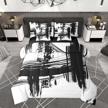 Imagem de jejeloiu Jogo de cama king com edredom branco e preto, geométrico, geométrico, 7 peças, arte abstrata, lençol de cima, lençol com elástico, fronhas e capas de almofada