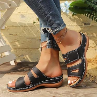 Imagem de Sandálias femininas boêmias, plataforma antiderrapante confortável, sapatos casuais de verão, chinelos de praia de couro sintético respirável, Preto, 37