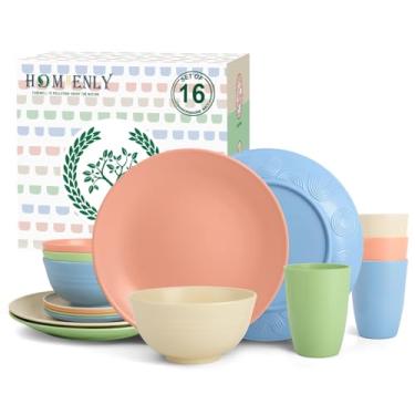 Imagem de Homienly Conjunto premium de pratos de palha de trigo, leve e inquebrável, conjunto de pratos e tigelas com copos, 16 peças para micro-ondas e lava-louças, multileve