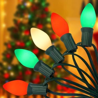 Imagem de Bokoiuu C7 Cordão de luz LED multicolorido para ambientes externos, luzes conectáveis de 7,6 m com 27 lâmpadas de 0,6 W (2 sobressalentes), lustres vintage para decoração de casa de telhado de pátio