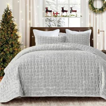 Imagem de Grassix Conjunto de colcha de veludo luxuoso, tamanho Queen, 3 peças, edredom leve de veludo com fronhas, colcha acolchoada geométrica para todas as estações, cinza gelo, 228 x 244 cm