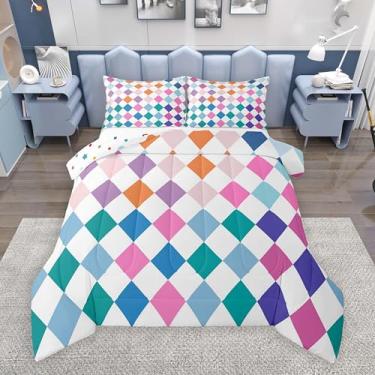 Imagem de Feelyou Conjunto de cama xadrez de diamante, macio para meninos e meninas, conjunto de edredom xadrez de búfalo, tamanho solteiro, clássico, colorido, edredom de microfibra, 2 peças com 1 fronha