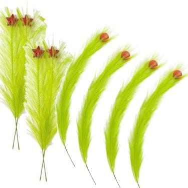 Imagem de 8 palitos de árvore peludos verdes, enfeite de árvore de Natal de 43 cm com bola de estrela vermelha de Natal, enfeites de elfo de Natal verde limão, hastes para decoração de guirlanda de Natal para