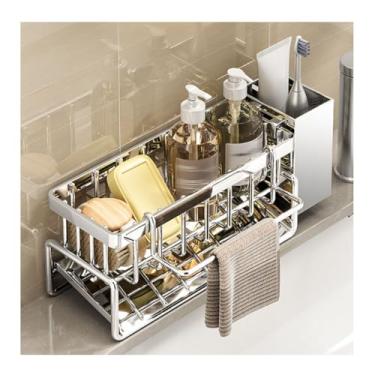 Imagem de HGTRH Organizador de pia de cozinha, suporte de esponja de aço inoxidável com suporte de pano de prato para armazenamento e organização de cozinha de bancada A