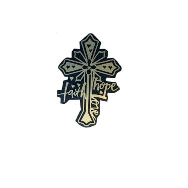 Imagem de Cruz Decorativa em MDF, Preto e Dourado com Mensagem Faith Hope Love, 30x20cm, Arte para Parede com Fita Dupla Face