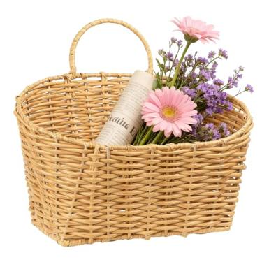 Imagem de Cesta de parede pendurada à mão para plantas, flores e armazenamento, organizador rústico de decoração de parede de fazenda rústica, vime de plástico marrom claro