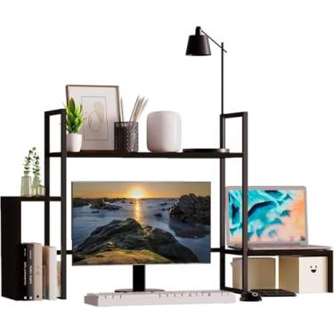 Imagem de WelFurGeer Prateleira de mesa de madeira de 2 camadas com faixa de luz RGB - Organizador de mesa de 124 cm para monitor máximo de 71 cm - Estante de escritório em casa e dormitório - preta
