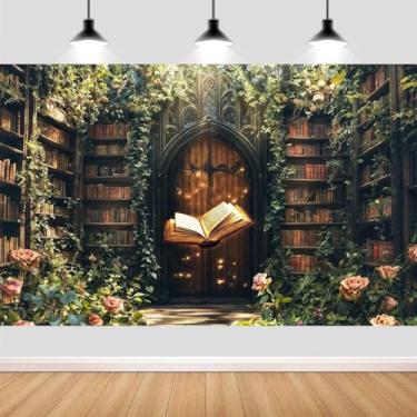 Imagem de Fundo mágico encantado retrô floresta verde natureza biblioteca fotografia fundo mágico decoração de festa mágica para aniversário chá de bebê adereços para sessão de fotos para crianças e adultos
