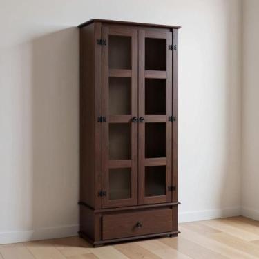 Imagem de Cristaleira Madeira Maciça 2 Portas De Vidro 1 Gaveta Rústica - Imbuia