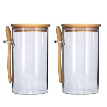 Imagem de Jogo 2 Potes Vidro Hermético 870ml Com Tampa Bambu E Colher Bambu - Tuut