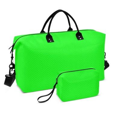 Imagem de Burbuja Bolsa esportiva de viagem para mulheres, verde neon cor sólida, bolsa de fim de semana, bolsa de ombro com bolsa de mão, bolsa de ginástica com bolsa de higiene, tamanho grande