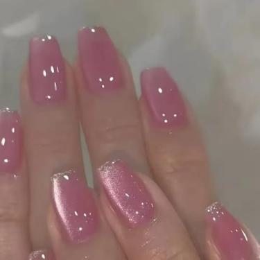 Imagem de 24 peças de unhas com ponta francesa para pressão de olho de gato, roxo nude, gradiente, purpurina, unhas postiças, acrílico, cola, para mulheres, meninas, arte em unhas