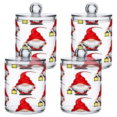 Imagem de STAYTOP 4 frascos de boticário Qtip para banheiro com etiquetas – Recipiente de armazenamento Qtip de plástico transparente para bola de algodão, cotonete, grão de café e gnomos de Natal