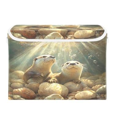 Imagem de CEBUGI Caixotes de armazenamento com tampas, caixa de armazenamento de tecido dobrável, lontras subaquáticas, organizadores de cubo para prateleiras de armário de casa e quarto, 40 x 30 x 30 cm