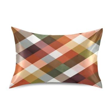 Imagem de Fronha de almofada de seda para pele e cabelo extra macia, resistente a rugas e desbotamento com fecho de envelope (tamanho padrão, 66 x 50 cm) | Padrão xadrez