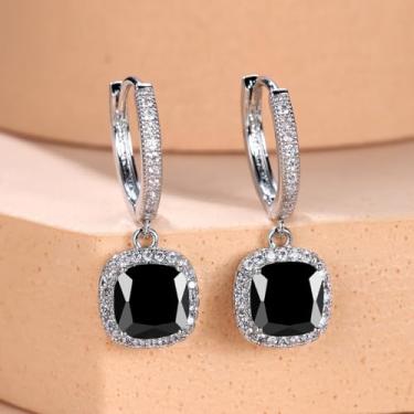 Imagem de Brincos elegantes de argola com pingente quadrado de alta qualidade, brincos femininos com detalhes brilhantes, joias modernas para uso diário e formal, Medium, Cobre, Zircônia