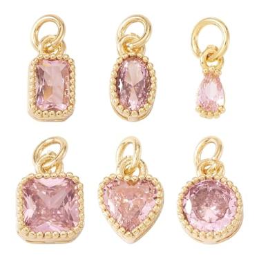 Imagem de FASHEWELRY 6 peças de pingentes de zircônia cúbica de latão pequeno facetado cristal rosa retangular oval CZ pingente de pedra cúbica banhado a ouro 18 K para fazer joias faça você mesmo brinco