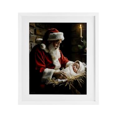 Imagem de Stupell Industries "Papai Noel e bebê Jesus", impressão emoldurada sob vidro, branca, 33 x 40 cm