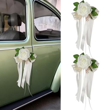 Imagem de HeartYue Maçaneta de porta de carro de casamento flores com ventosas fita rosa artificial para espelho retrovisor, veículo nupcial, buquê, kit de decoração, chá de panela, casamento, 2 peças