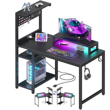 Imagem de MEUIS Mesa de jogos pequena com prateleiras – mesas de computador com luzes de LED, tomadas elétricas, Pegboard, monitor de PC, suporte para quarto de crianças, espaço pequeno, 101,6 cm, preto