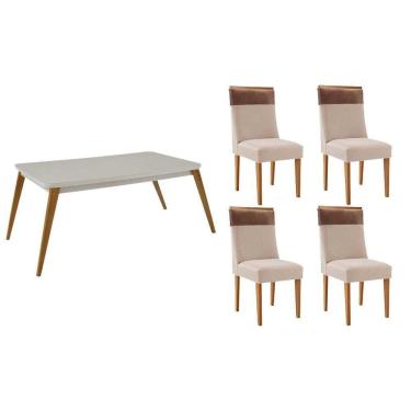 Imagem de Sala Jantar Mesa Havana Tampo c/ Vidro Curvo 120cm+4 Cadeiras Jaspe Madeira Naturale/Off White - Capuccino/Suede Creme - Rufato