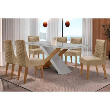 Imagem de Sala Jantar Mesa Imperatriz Tampo c/ Vidro Curvo 180cm+6 Cadeiras Dafne Madeira Naturale/Off White - Capuccino/Linho Bege - Rufato