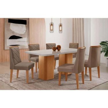 Imagem de Sala Jantar Mesa Maldivas Tampo c/ Vidro Curvo 180cm+6 Cadeiras Pietá Madeira Naturale/Off White - Capuccino/Suede Capuccino - Rufato