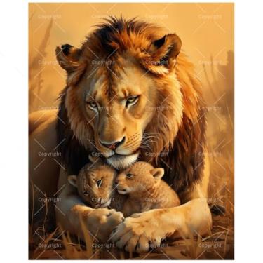 Imagem de Kit de pintura por números da Wildlife para adultos – Leão com filhotes de proteção DIY em tela 40,6 x 50 cm, conjunto de tinta acrílica emoldurada, adequado para iniciantes, arte de safári para